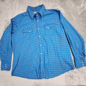 Wrangler Wrancher long sleeve shirt. Mens XXL Pearl snap Blue plaid. Euc